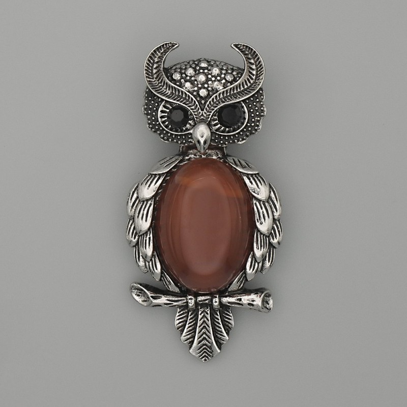 Brosche-Anhänger Eule Karneol 60×29 mm ± schwarze Strasssteine, silberfarbenes Metall