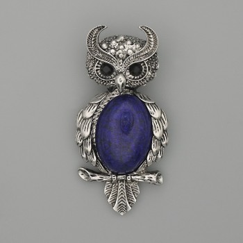Brosche-Anhänger 'Eule' mit Lapislazuli 60×29 mm ±, silberfarbenes Metall, schwarze Strasssteine