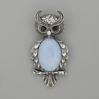 Brosche mit Anhänger Eule Mondstein 60×29 mm ±, schwarze Strasssteine, silberfarbenes Metall