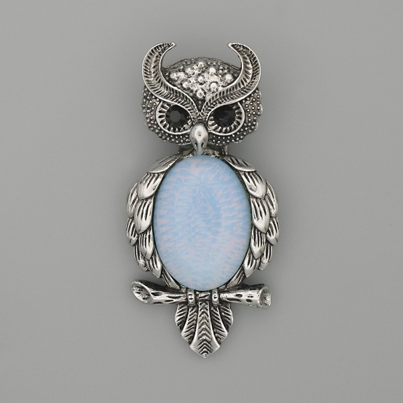 Brosche mit Anhänger Eule Mondstein 60×29 mm ±, schwarze Strasssteine, silberfarbenes Metall
