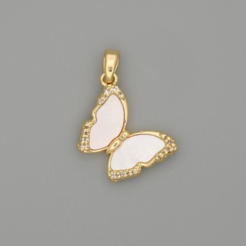Anhänger Schmetterling, Perlmutt, goldfarbenes Metall, Strasssteine, Durchmesser 23×17 mm+