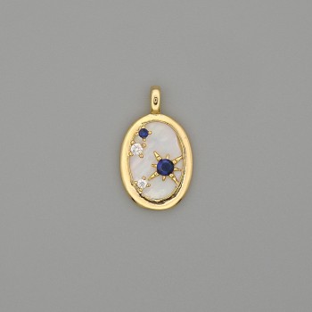 Anhänger mit Perlmutt, goldfarbenem Metall und Strass-Steinen, Durchmesser 23×14 mm