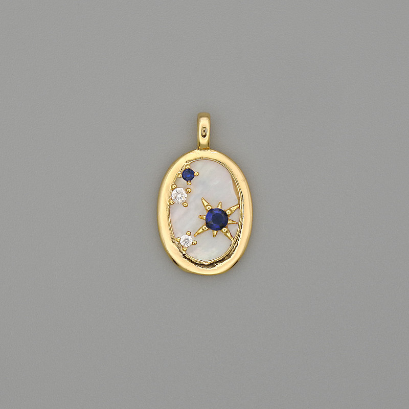 Anhänger mit Perlmutt, goldfarbenem Metall und Strass-Steinen, Durchmesser 23×14 mm