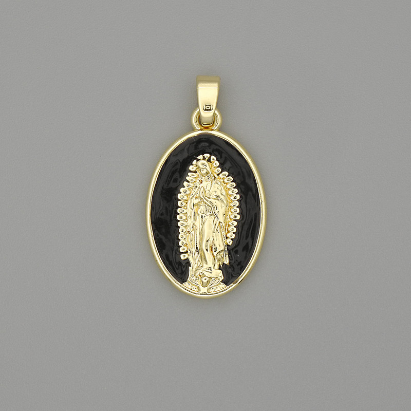 Anhänger Mutter Gottes, emailliertes goldfarbenes Metall, Durchmesser 29 × 18 mm+