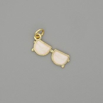 Anhänger Brille mit Perlmutt, goldfarbenem Metall, weiße Strasssteine, Maße 19 x 6 mm
