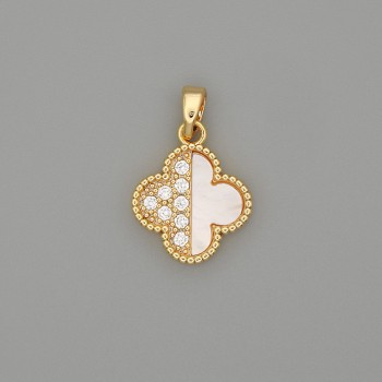 Anhänger 'Kleeblatt' mit Perlmutt, goldfarbenem Metall, weißen Strasssteinen, Durchmesser 22×14 mm+