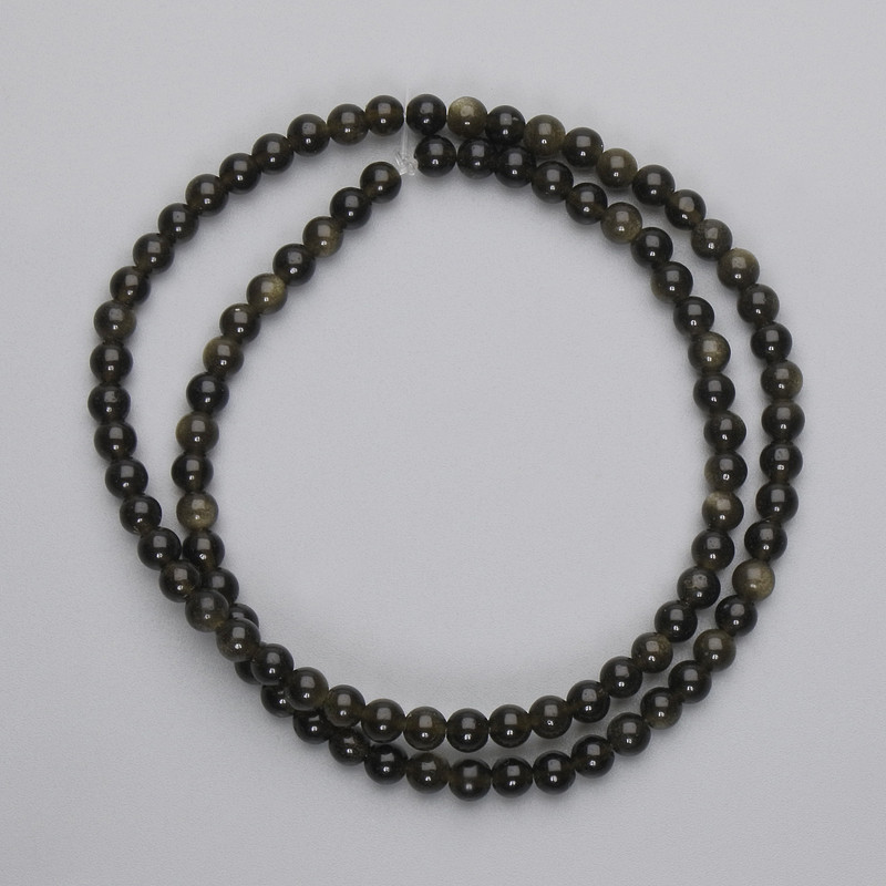 Sonnen-Obsidian-Perlen, glatte Kugeln, Durchmesser 4 mm ±, auf Schnur, Länge 38 cm+