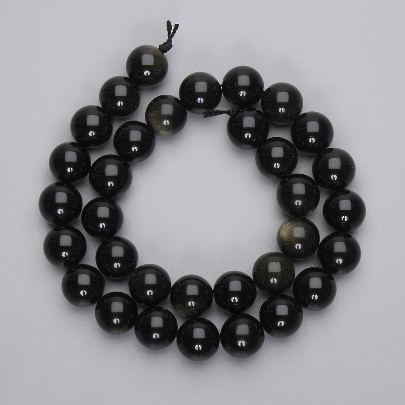 Sonnenobsidian-Perlen, glatte Kugeln,Durchmesser ca. 12 mm, auf Schnur, Länge ca. 38 cm