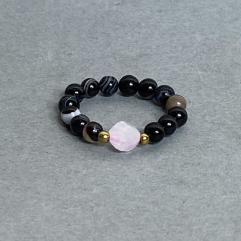 Agat facettierte Kugel, Ø ca. 4 mm; Roséquarz facettiert, 6×5 mm; Stretch-Ring