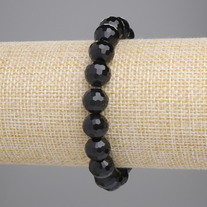 Achat-Armband (künstlich) – schwarzes tschechisches Glas, facettierte Kugeln 10 mm ±, Länge 18 cm, Stretch