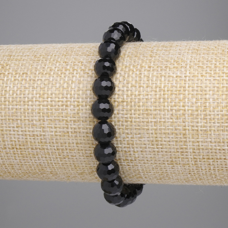 Achat-Armband (Einzelstück) – schwarzes tschechisches Glas, facettierte Glasperlen 8 mm, Länge 18 cm, Stretch