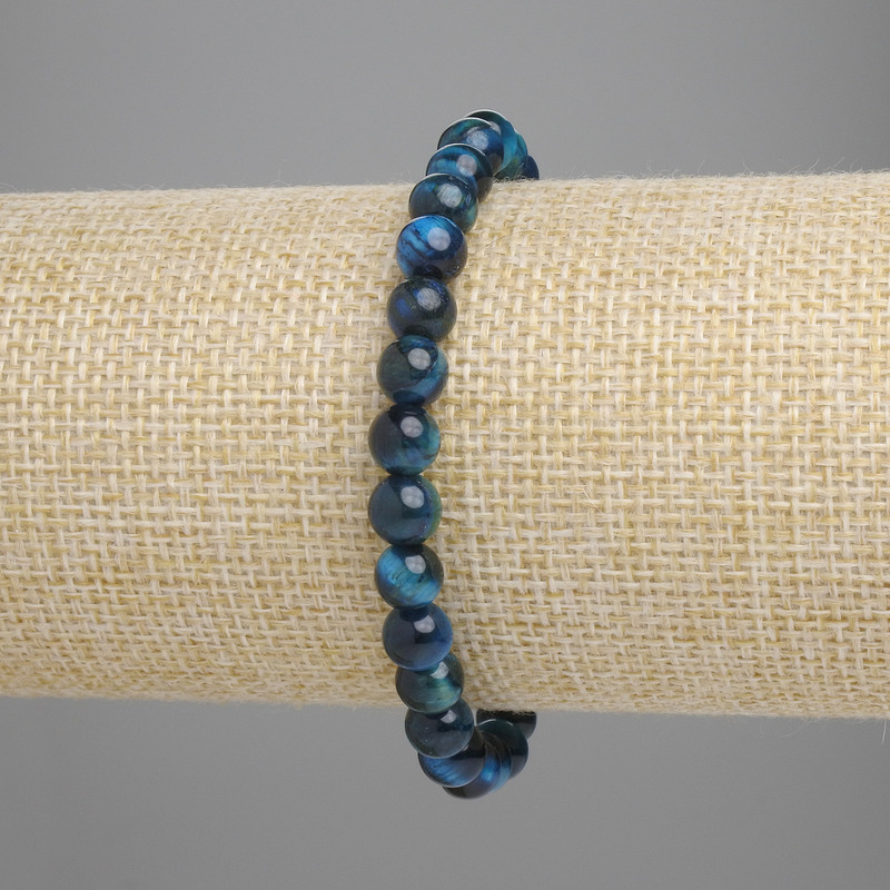 Armband aus azurblauem Tigerauge – glatte Kugeln, Durchmesser 6 mm, Länge ca. 18 cm, elastisches Band