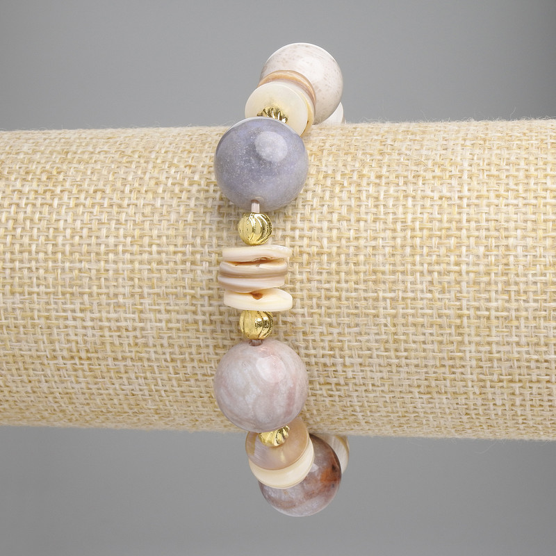 Armband aus fossilisierter Koralle, glatte Kugeln 14 mm ±, Skafarka Rondell, Durchmesser 10×2 mm ±, mit Metall-Einsätzen, Länge 18 cm ± Stretcharmband