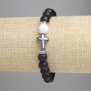 Armband aus Schungit, glatte Kugeln Ø 8 mm ±; Kaholong Kugeln Ø 8 mm ±; Hämatit-Kreuz 14×10 mm ±; Länge ca. 18 cm – Stretch