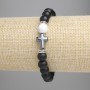 Armband aus Schungit, glatte Kugeln Ø 8 mm ±; Kaholong Kugeln Ø 8 mm ±; Hämatit-Kreuz 14×10 mm ±; Länge ca. 18 cm – Stretch