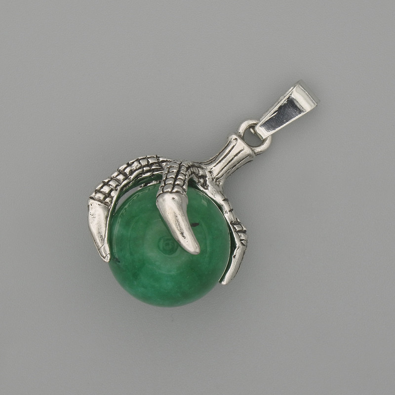 Anhänger Chrysopras – Pfote mit Kugel, 18×37 mm, silberfarbenes Metall