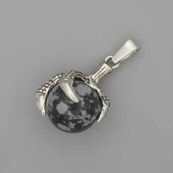 Anhänger aus Schneeflocken-Obsidian in Form einer Pfote mit Kugel 18×37 mm ± silberfarbenem Metall