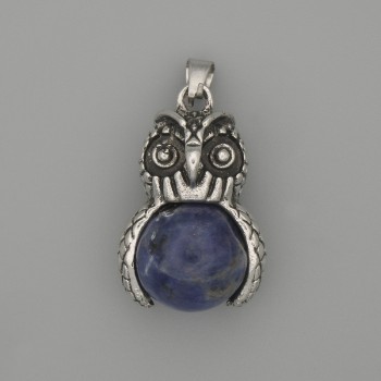 Anhänger Eule aus Sodalit, silberfarbenes Metall, Durchmesser ca. 30×20 mm, Länge ca. 37 mm