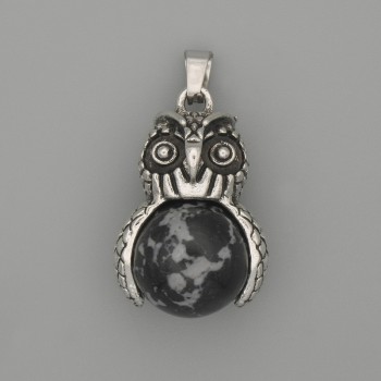 Anhänger Eule – Schnee-Obsidian, silberfarbenes Metall, Durchmesser 30 × 20 mm, Länge 37 mm
