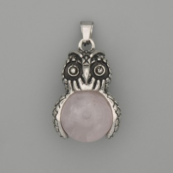 Anhänger Eule aus Rosenquarz, silberfarbenes Metall, Durchmesser 30×20 mm, Länge ca. 37 mm
