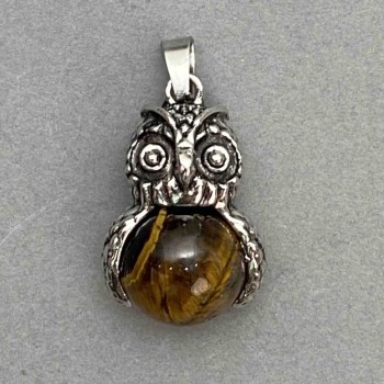 Anhänger Eule mit Tigerauge, silberfarbenes Metall, Durchmesser 30 × 20 mm ±, Länge 37 mm ±