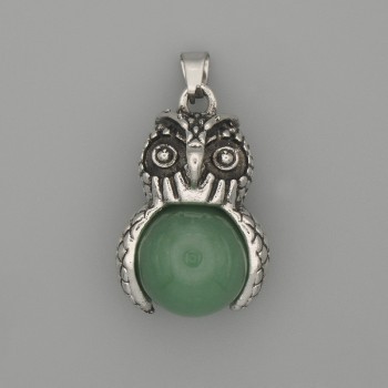 Anhänger Eule aus Nephrit, silberfarbenes Metall, Durchmesser ca. 30 × 20 mm, Länge ca. 37 mm
