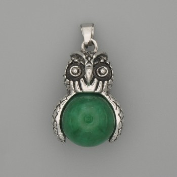 Anhänger 'Eule' aus Chrysopras, silberfarbenes Metall, Durchmesser 30×20 mm, Länge ca. 37 mm