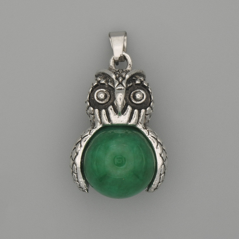 Anhänger 'Eule' aus Chrysopras, silberfarbenes Metall, Durchmesser 30×20 mm, Länge ca. 37 mm