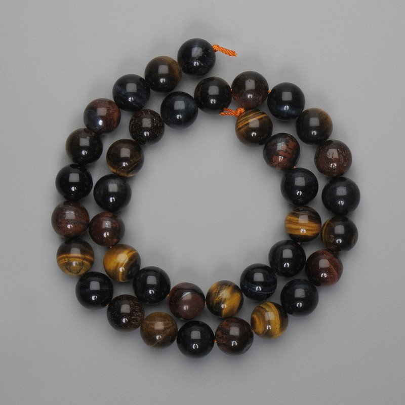 Perlen aus Ochsenauge, Tigerauge und Falkenauge – glatte Kugeln 10 mm, Länge ca. 38 cm