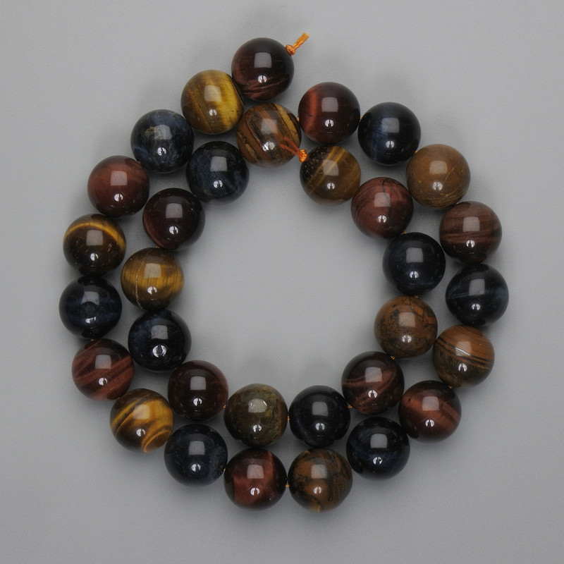 Perlen aus Stierauge, Tigerauge und Sonnenauge – glatte Kugeln, 12 mm ±, Länge ca. 39 cm