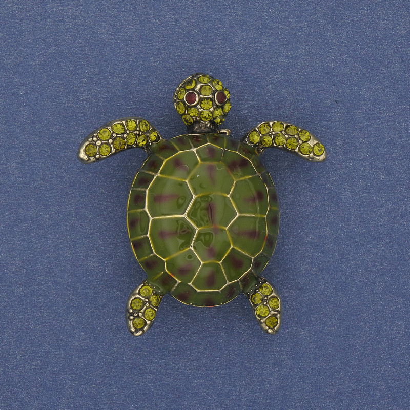 Brosche Schildkröte grüne Emaille Strasssteine goldfarbenes Metall 35×32mm+