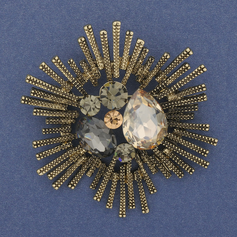 Anhänger-Brosche Akzent mit grauen und gelben Kristallen, bronze-goldfarbenes Metall, 60 mm+