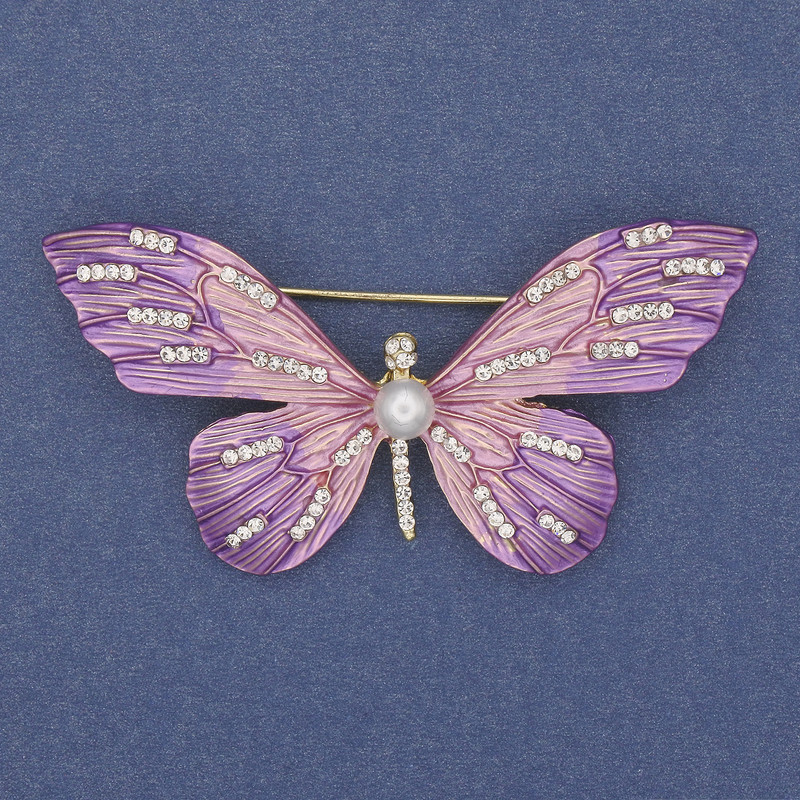 Schmetterlingsbrosche mit weißen Strasssteinen, Emaille und goldfarbenem Metall, 60×35 mm+