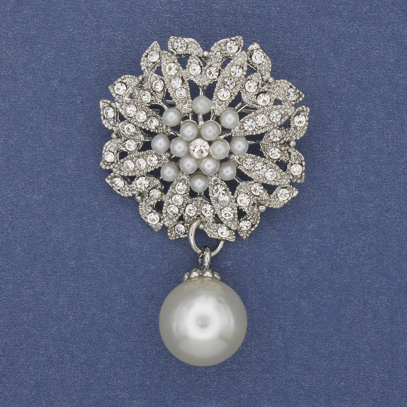 Brosche Akzent mit Anhänger, Perle und Strass, silberfarbenes Metall, 33×53 mm+
