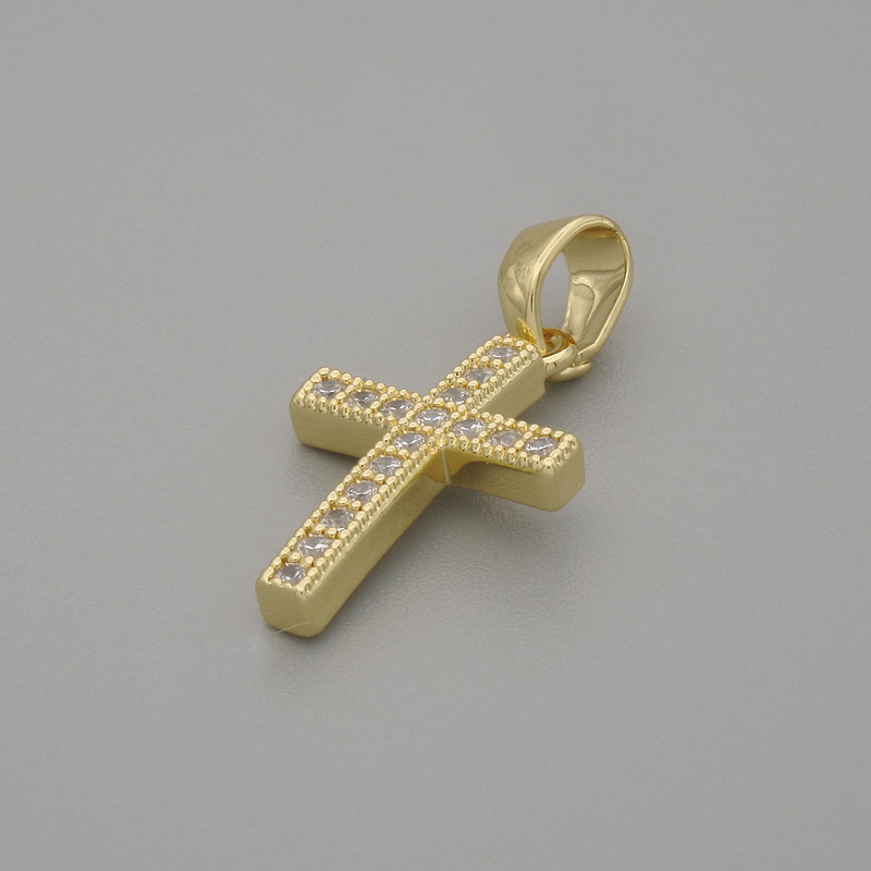 Kreuzanhänger mit weißen Strasssteinen, goldfarbenes Metall, Durchmesser 16×10 mm, Länge ca. 20 mm