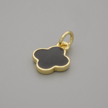 Anhänger Kleeblatt, schwarz, goldfarbenes Metall, Durchmesser ca. 10 x 10 mm, Länge ca. 15 mm