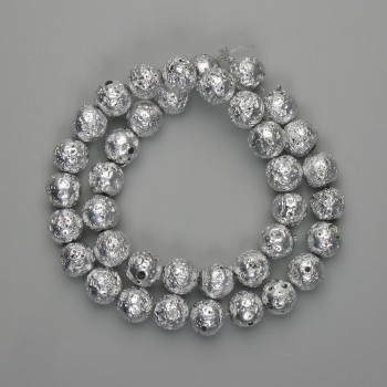 Lava-Perlen mit silberfarbiger Metallbeschichtung – poröse Kugel 10,5 mm, Länge ca. 39 cm
