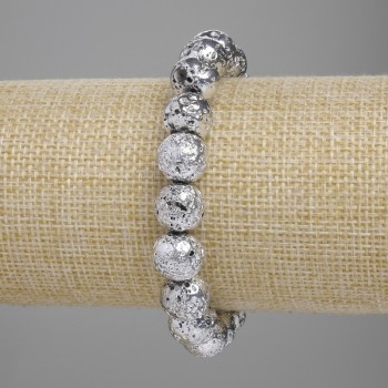 Armband aus Lavagestein mit silberfarbener Metallbeschichtung, poröse Kugeln 10,5 mm, Länge ca. 18 cm, Stretch-Armband