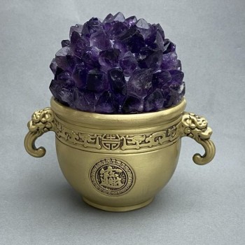 Amethyst-Druse in dekorativer Metallschale mit Griffen im orientalischen Stil 105x70x105 mm+