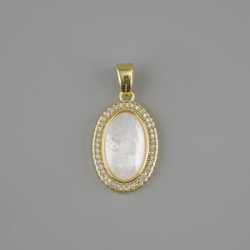 Anhänger Perlmutt, weiße Strasssteine, Durchmesser ca. 21×13 mm, Länge ca. 25 mm, goldfarbenes Metall