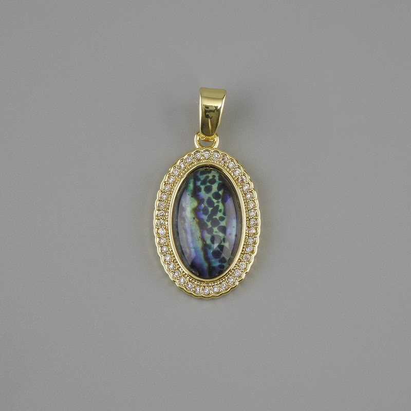 Anhänger Haliotis, weiße Strasssteine, Durchmesser ca. 21×13 mm, Länge ca. 25 mm, goldfarbenes Metall