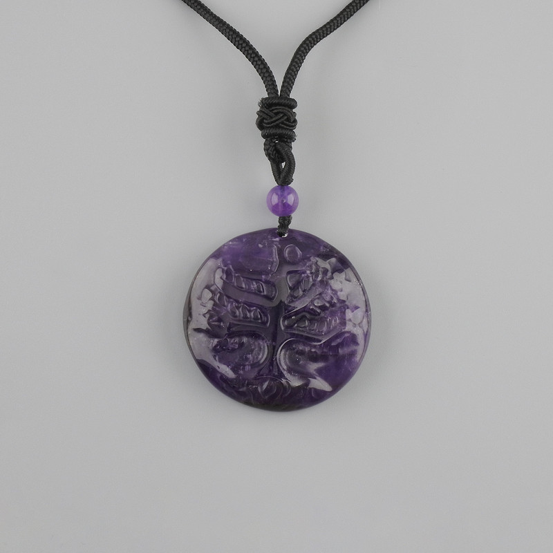 Anhänger Baum des Lebens aus Amethyst, Durchmesser 36 mm ± auf schwarzer Schnur mit Kordelzug, Länge 78 cm+