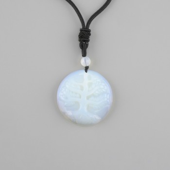 Anhänger Baum des Lebens mit Mondstein Opalit, Durchmesser ca. 36 mm, auf schwarzer Schnur mit Zugverschluss, Länge ca. 78 cm