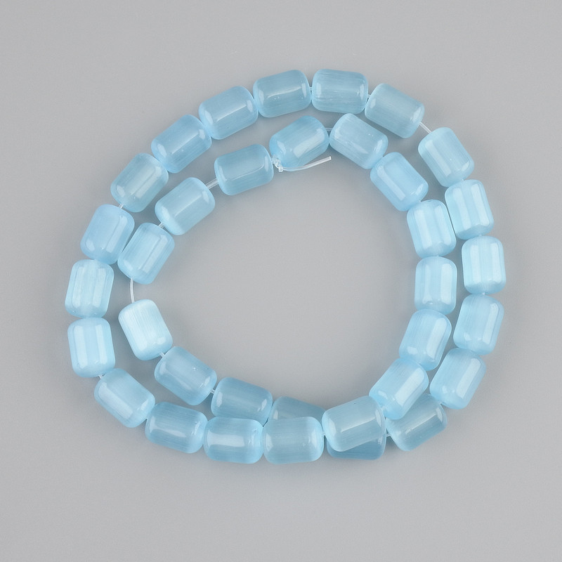 Blaue Katzenaugen-Perlen, zylindrisch, Durchmesser ca. 10,5–11 × 8 mm, Länge ca. 38 cm, auf Schnur