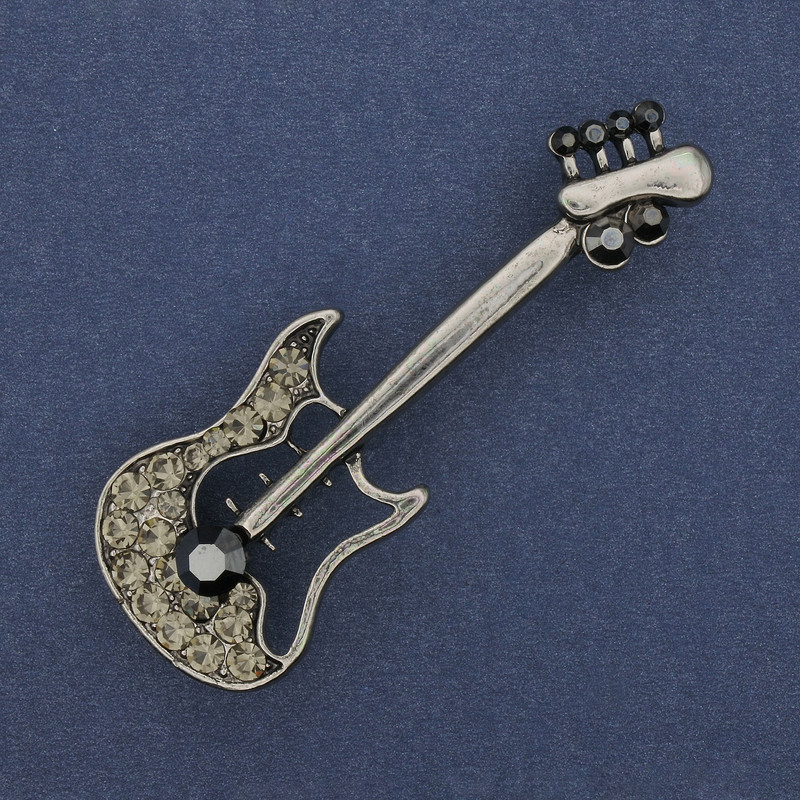 Brosche Gitarre, Strass-Steine, silberfarbenes Metall, 56×26 mm+