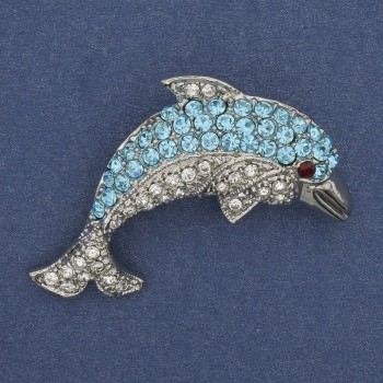 Brosche Delphin mit Strasssteinen, silberfarbenes Metall 44×25 mm+