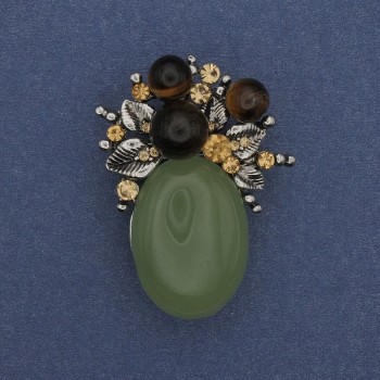 Brosche-Anhänger „Akzent“ Nephrit Strasssteine silberfarbiges Metall 40 × 30 mm+