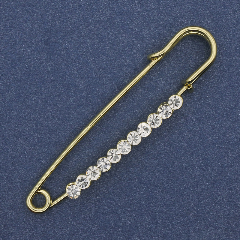 Nadelbrosche mit weißen Strasssteinen 60×12 mm ± goldfarbenes Metall