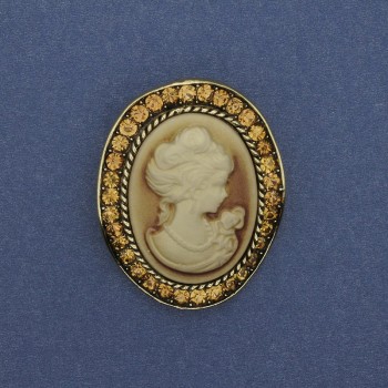 Kamee-Brosche „Dame“ mit Strasssteinen aus goldfarbenem Metall 43×38 mm +