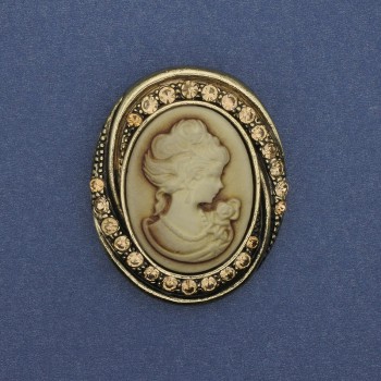 Kamee-Brosche „Dame“ mit Strass, goldfarbenes Metall, 44×37 mm +